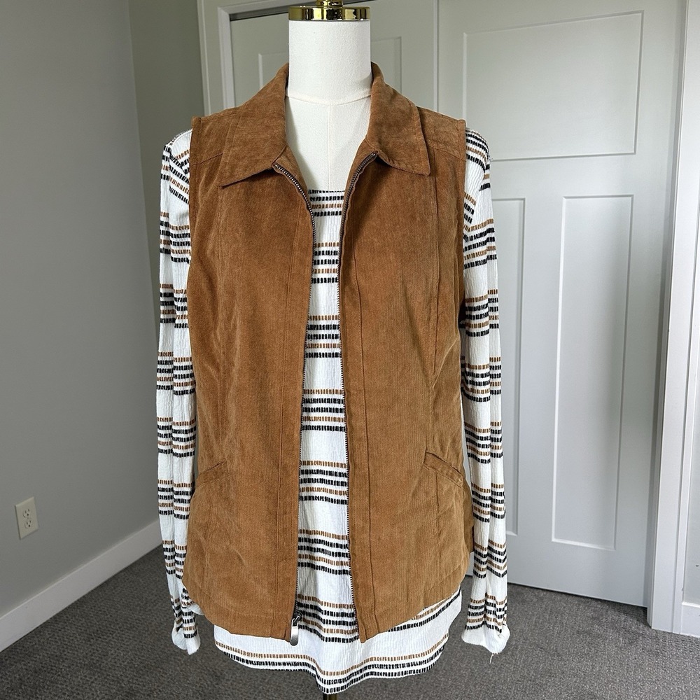 Christopher & Banks Womens Medium 2-Piece Set Brown Vest Striped Top Fall Outfit